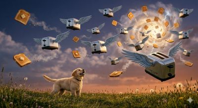 A dog watches flying toasters and toast slices under a twilight sky.