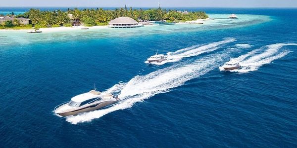 Three speedboats racing on blue ocean water near a tropical island.