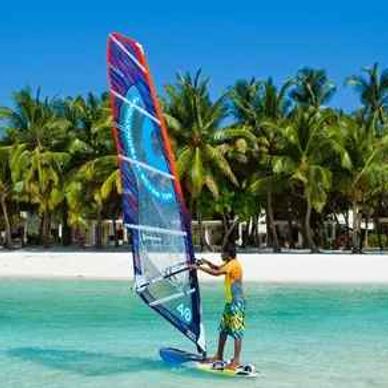 Person windsurfing in clear tropical waters near palm trees.
