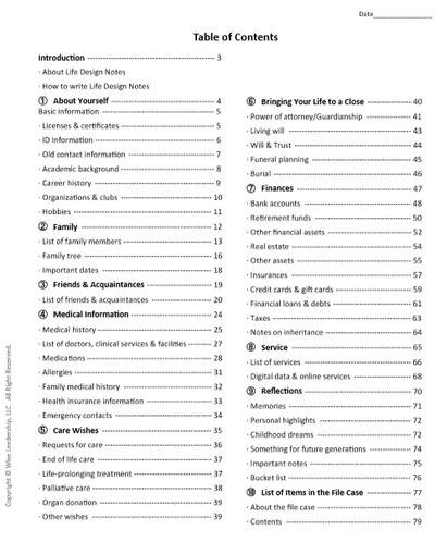 Life Design Notes Sample Table of Contents