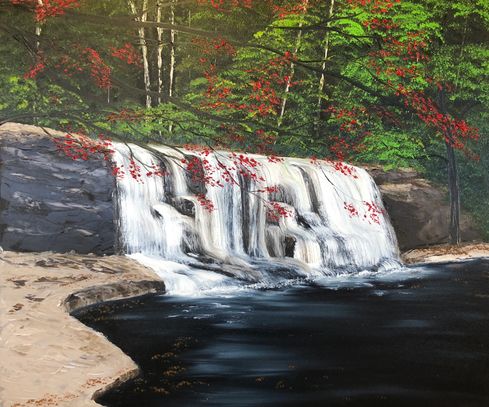 Oil painting of a waterfall with green trees and red flowers