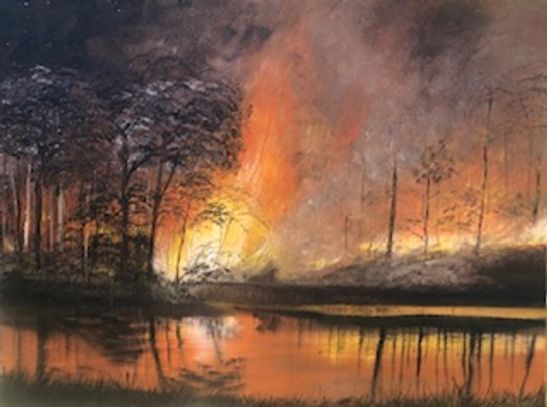 Oil painting of bushfire flames  reflecting on a lake