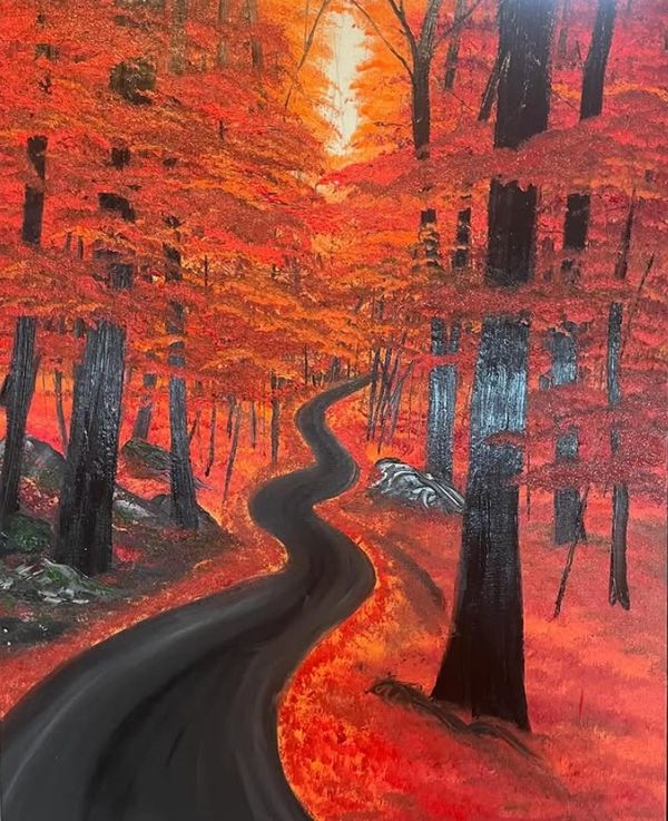 Oil painting of a winding road through a red autumn forest