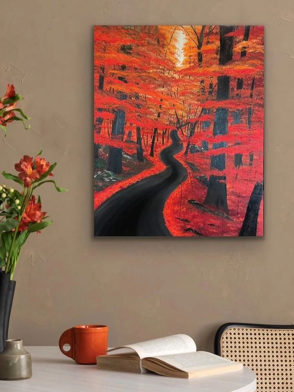 Oil painting of a winding road through a red autumn forrest