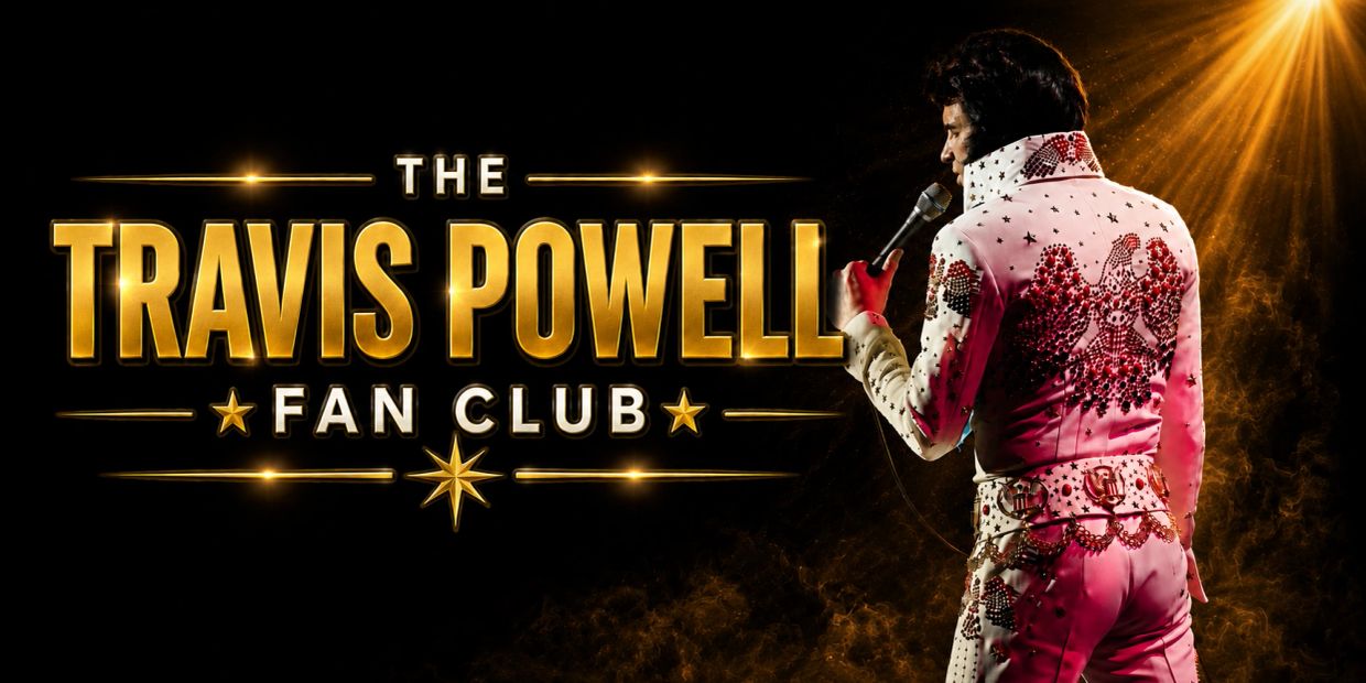 Elvis-style singer promoting Travis Powell Fan Club.