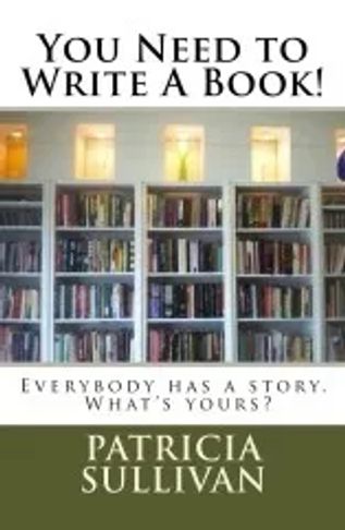 A motivational poster encouraging writing with a bookshelf background.