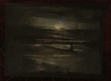 Dark, moody landscape painting with a cloudy sky and a solitary tree.