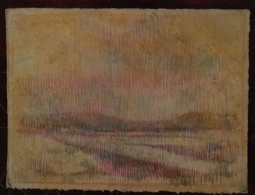 Faded vintage painting with muted pastel colors and subtle horizontal texture.