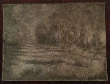 Monochromatic landscape painting of trees and water with a textured, foggy atmosphere.