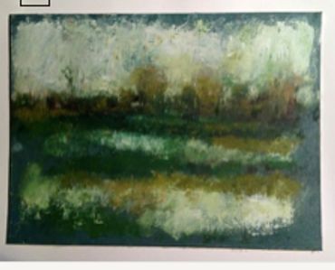 Abstract landscape painting with green, brown, and white tones.