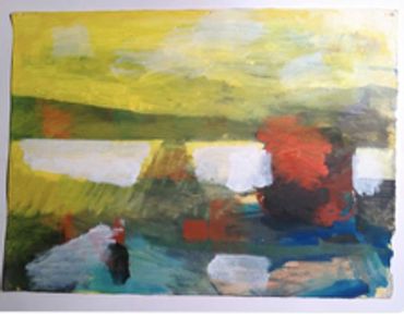 Abstract painting with green, yellow, red, and blue hues.