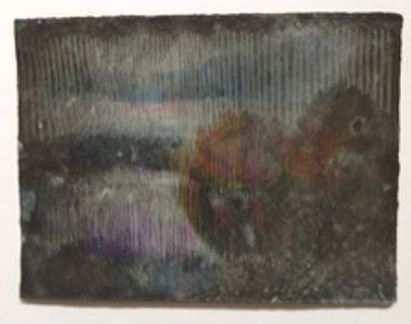 Abstract painting with dark, muted colors and textured surface.