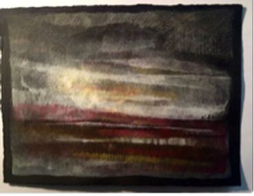 Abstract painting with dark, moody tones and horizontal streaks of red and yellow.
