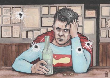 Reflection in mirror with impact holes of Superman sitting at bar holding bottle