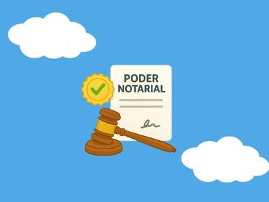 Illustration of a notarial power document with a judge's gavel and approval seal.