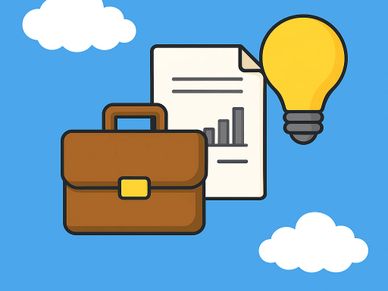 Briefcase, document with chart, and lightbulb symbolizing business ideas and growth.