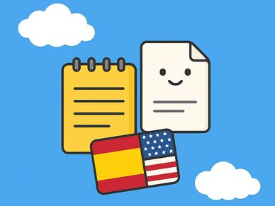 Icons representing language translation between Spanish and English with notes and a smiling document.