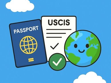 Illustration of passport, USCIS form, and happy earth with check marks.