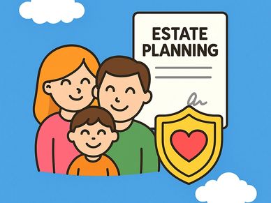 Happy family with estate planning document and heart shield symbolizing protection.