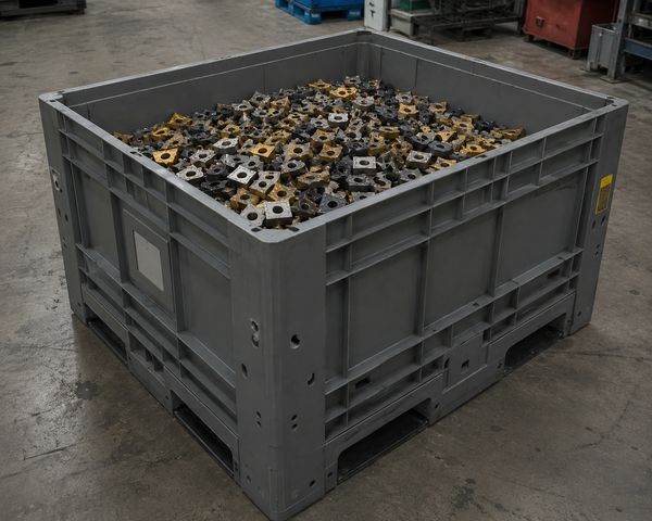 Large gray container filled with numerous metal cutting inserts.