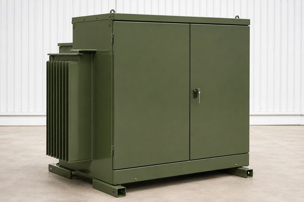 Green industrial electrical transformer unit with closed doors.