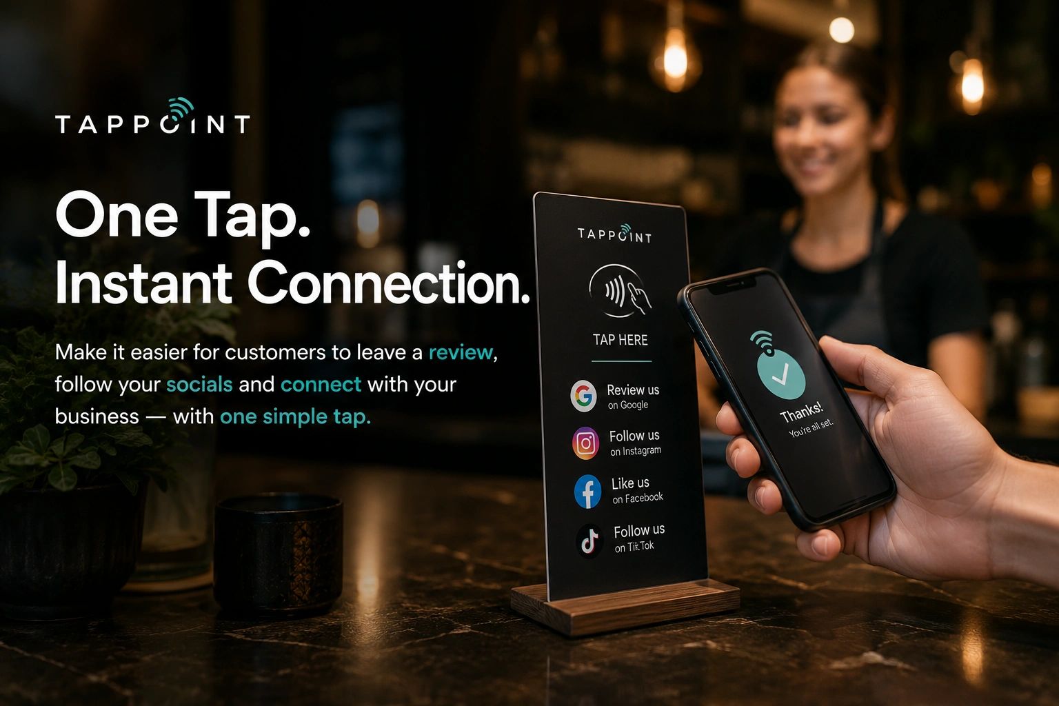 Customer tapping a phone to access business reviews, social media and contact details.