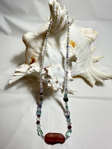 Colorful rainbow Florite and premium crystal necklace.