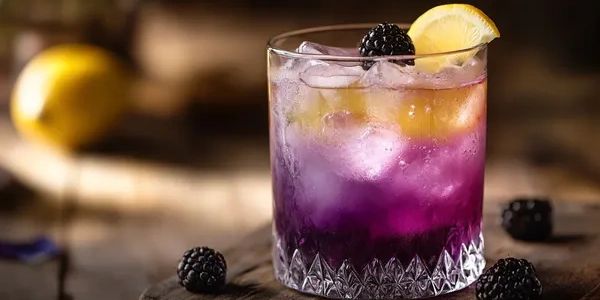 Purple cocktail with lemon and blackberries.