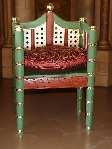 Queens throne for Norwich Castle. Faux ivory panels carved from casein, linseed paint and gilding.