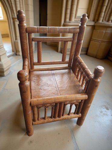 Turned chair for Norwich Castle crafted from Oak. Based on King Stephen's chair in Hereford Cathedra