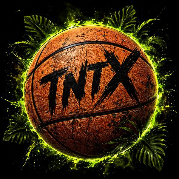 A basketball with bold 'TNTX' text and green leafy background.