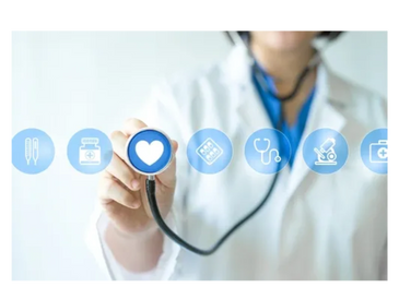 Doctor holding a stethoscope with healthcare icons floating.