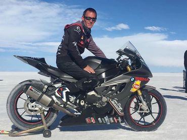 Trev racing his BMW S1000RR at Bonneville Salt Flats