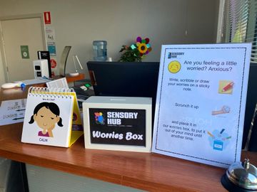 worries box with sensory hub label. instructions on how to put aside your worries and concerns 