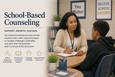 School counselor supports student in a safe, encouraging environment to foster growth and success.