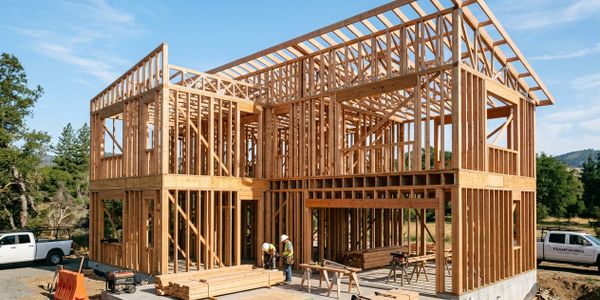 Wooden frame structure of a house under construction with workers on site.