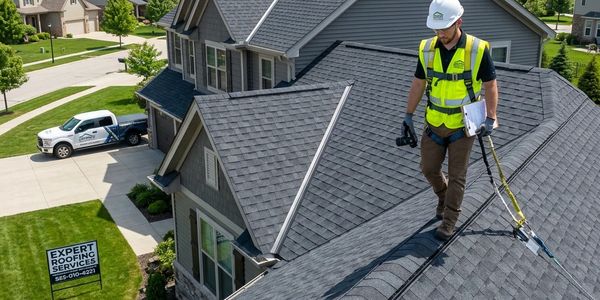 A roofing expert inspects a house roof wearing safety gear.