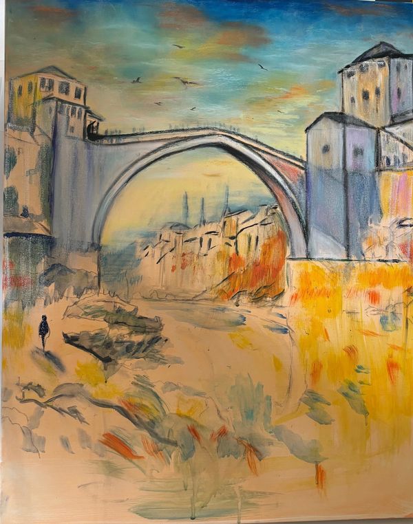 Impressionistic painting of a historic arched bridge at sunset with a lone figure below.