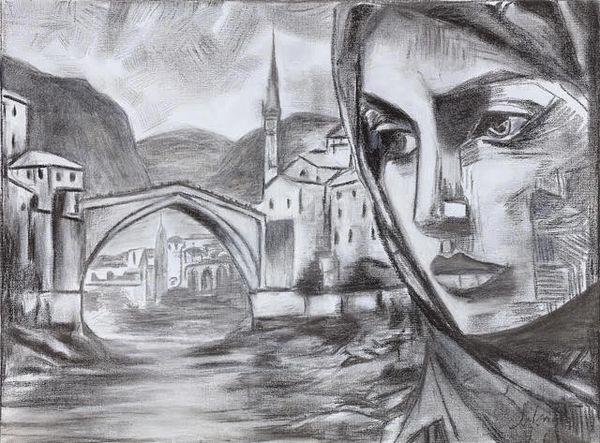 Charcoal drawing of a woman's face with a city and bridge in the background.