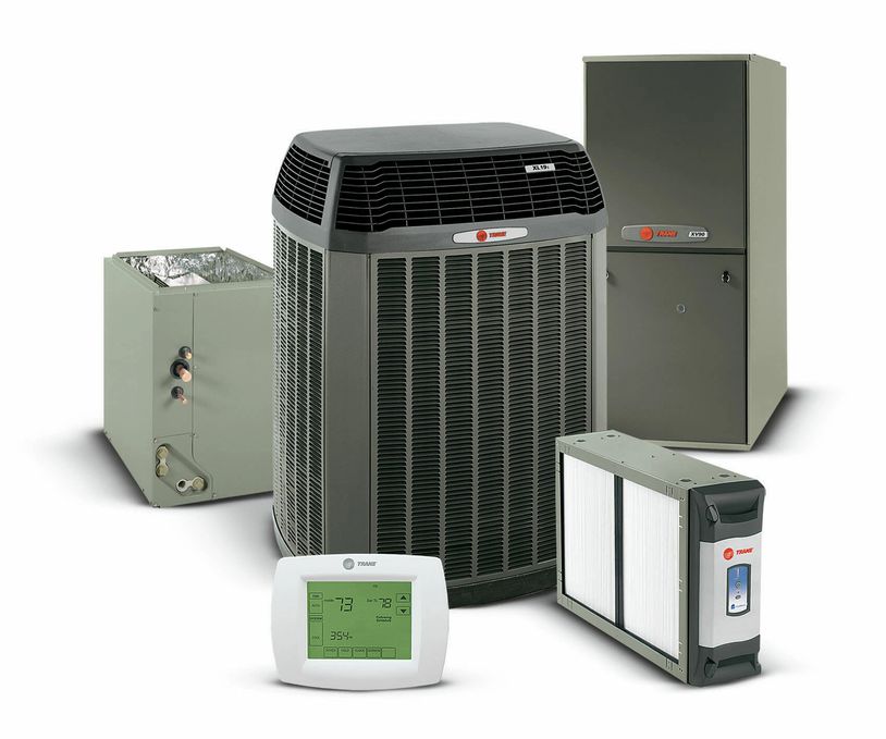 A complete HVAC system set with thermostat and air filter unit.