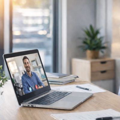 Laptop on desk showing a man on a video call in a bright office.