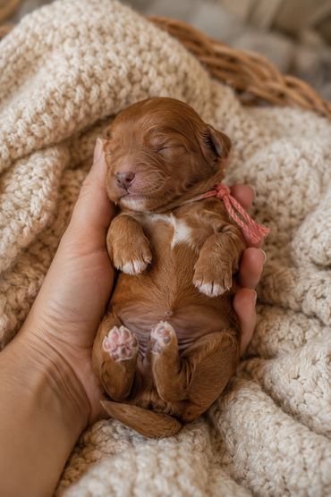 A tiny brown puppy sleeps peacefully in a hand.