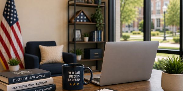 Work desk with laptop, books on veteran success, and a patriotic mug.