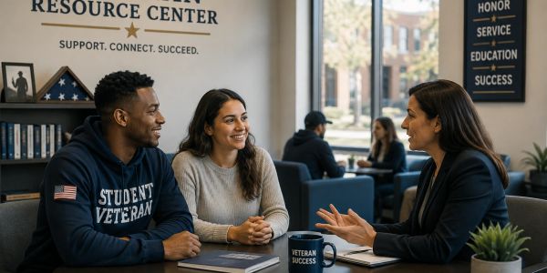 Student veterans consult an advisor in a resource center.