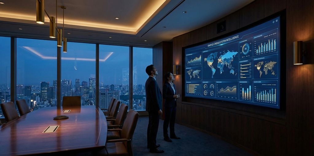 Two professionals analyze global data on a large digital screen in a modern conference room.
