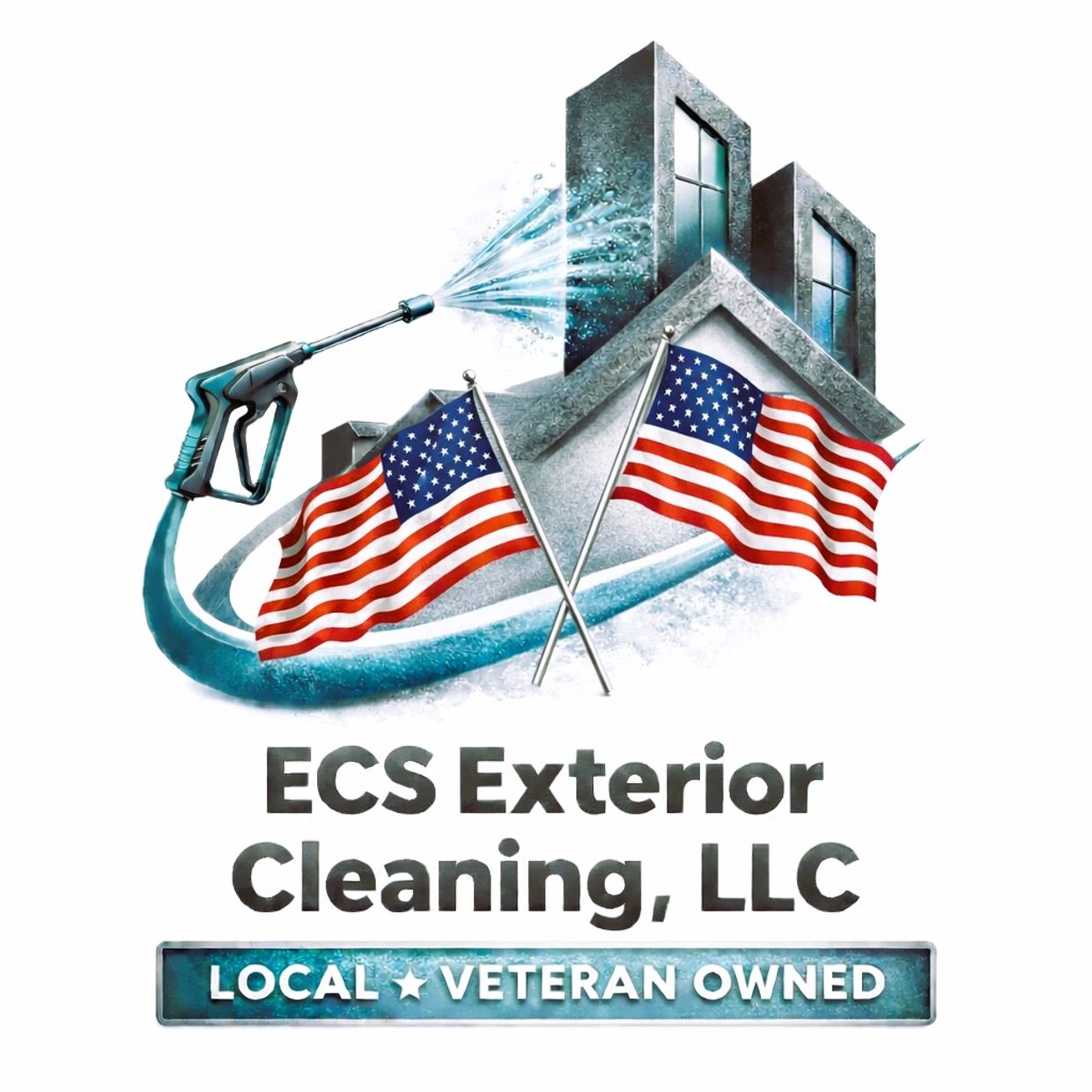 Logo for ECS Exterior Cleaning, a local veteran-owned business with American flags and cleaning spray.