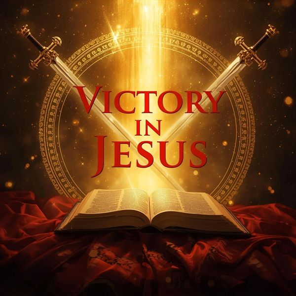 Two swords crossed behind an open Bible with glowing light and the words 'Victory in Jesus'.