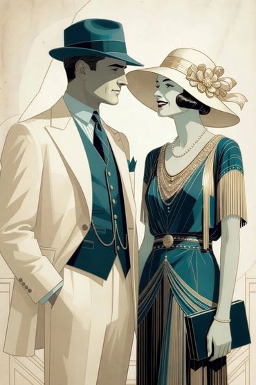 Elegant couple dressed in 1920s fashion smiling at each other.
