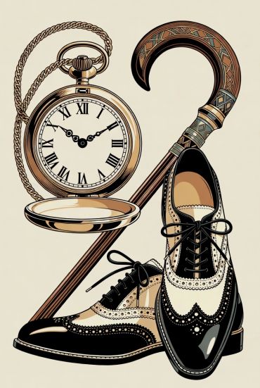 Vintage pocket watch, cane, and classic dress shoes.