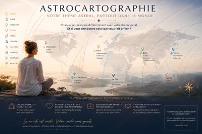 Carte d'astrocartographie indiquant l'influence des planètes sur différents lieux.